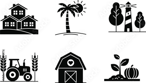 Rural and coastal icons, farm, lighthouse, palm tree, tractor, barn, pumpkin, village, agriculture, gardening, nature, black vector, stylized, landscape elements