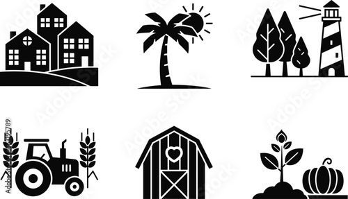 Rural and coastal icons, farm, lighthouse, palm tree, tractor, barn, pumpkin, village, agriculture, gardening, nature, black vector, stylized