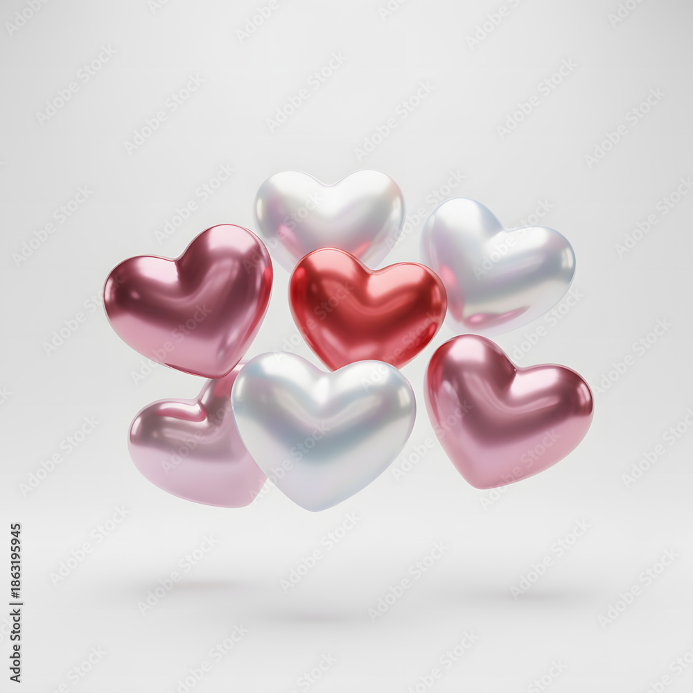 Fototapeta premium 3D Glossy Metallic Hearts Collection in Pink and Red, Isolated Valentine's Day Decorative Elements on Transparent Background