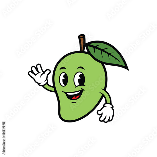 Happy Green Mango Mascot Waving Cartoon - Tropical Fruit, Food, Juice Bar Character