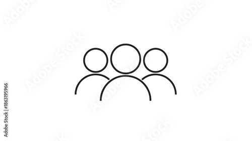 Minimalist black line icon of three circular heads with curved shoulders, a group of people silhouette for teamwork, community, and collaboration