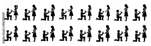 Collection of engagement proposal silhouette valentine vector icon set. Clean romantic icons symbols isolated on a white background for Valentine’s Day.