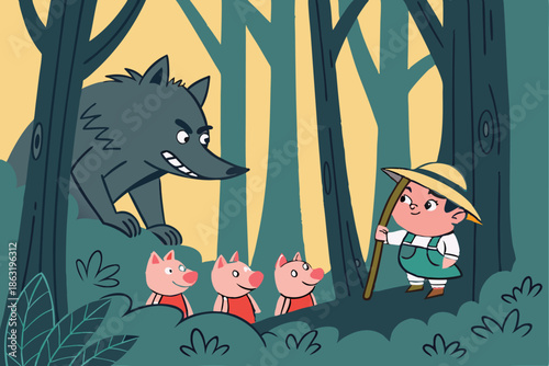  Illustration of the Big Bad Wolf lurking in a dark, enchanted forest, as he spies on the Three Little Pigs. The wolf is partially hidden behind thick trees, with a sly, menacing expression and sharp