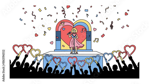 Melody of Devotion: An illustration of a singer on stage, serenading an audience of fans with hearts and music. conveying devotion and adoration.