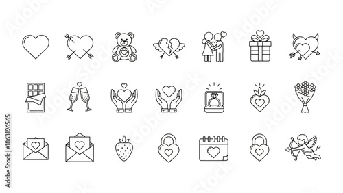 Love's Symbolic Array: A collection of various icons representing love and romance, ranging from a heart pierced by an arrow to a loving embrace and gift boxes.