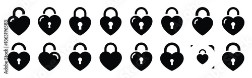 Collection of heart shaped lock silhouette valentine vector icon set. Clean romantic icons symbols isolated on a white background for Valentine’s Day.