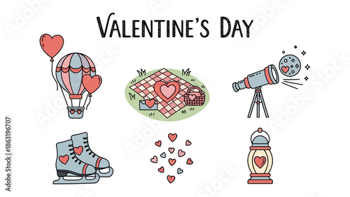 Valentine's Day Icon Set:  A charming collection of Valentine's Day icons with heart-themed graphics for love and romance. 