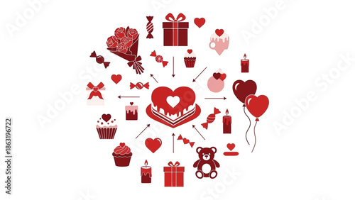 Valentine's Day Icon: A heartwarming illustration features an array of romantic elements arranged in a circle, filled with love and affection, designed for celebrating the day of love.