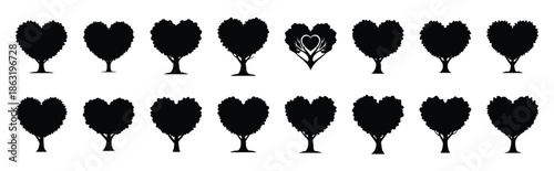 Collection of heart shaped tree silhouette valentine vector icon set. Clean romantic icons symbols isolated on a white background for Valentine’s Day.