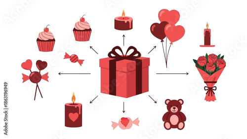 A Gift of Love: A delightful array of gifts, from sweet treats to heart-shaped decorations and a teddy bear, converges around a central present, each an emblem of affection and care.