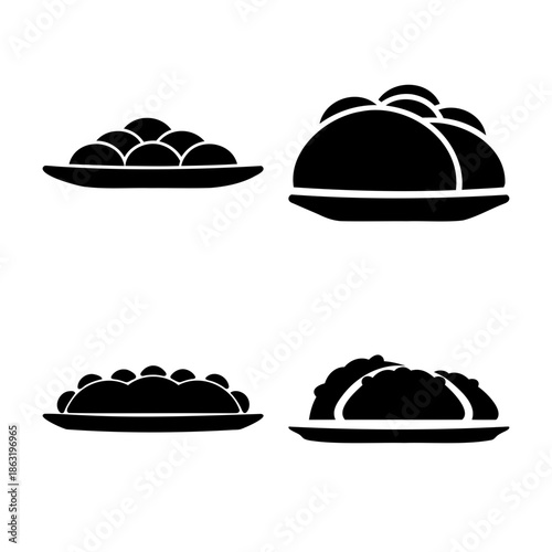 A collection of four black silhouette food icons showcasing various dishes on plates