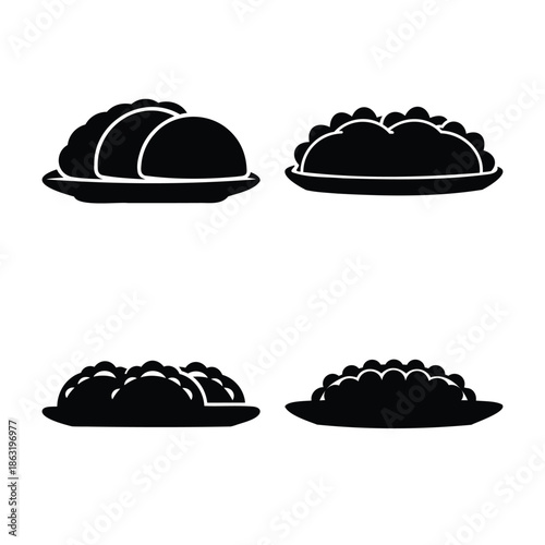 Minimalist black silhouettes of various delicious dumplings and pastries on plates