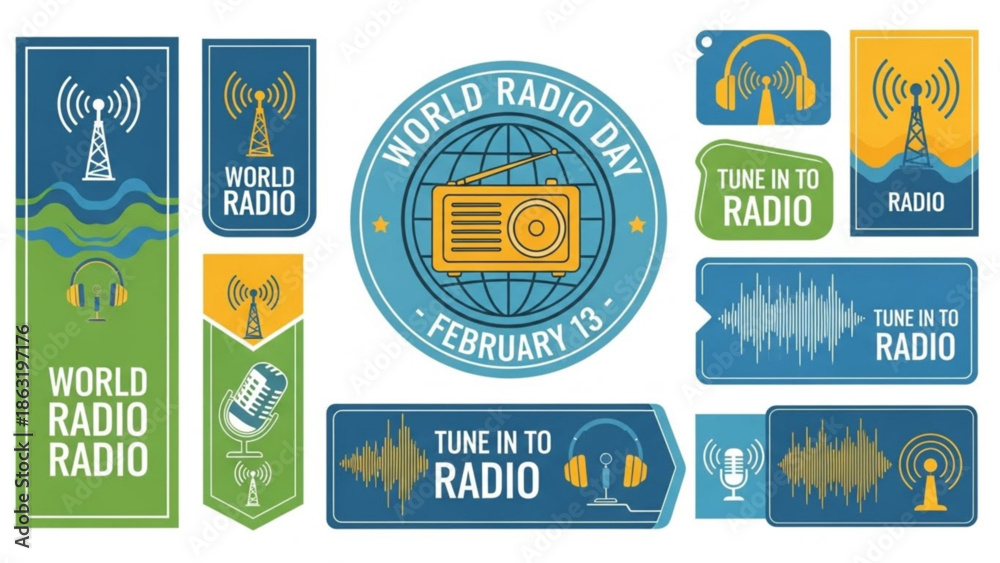 Fototapeta premium World Radio Day February 13 Poster Collection with Radio Icons and Typography