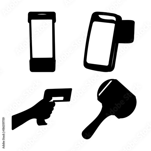A set of black silhouette icons representing modern handheld technology and industrial tools