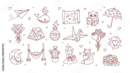 Love-themed Sketch Collection: An artistic collection of love symbols including paper airplane, love letter, owl holding a message, umbrella, flowers, potion, origami, fox, etc