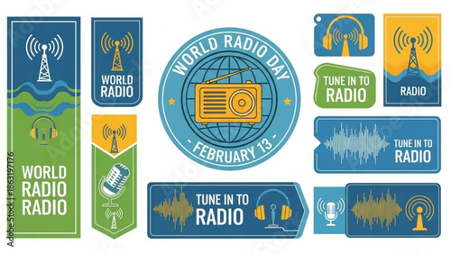World Radio Day February 13 Poster Collection with Radio Icons and Typography