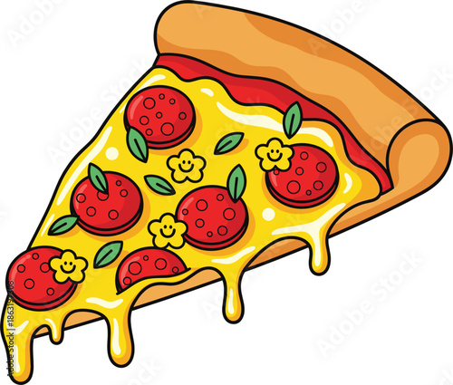 Cute pepperoni pizza slice vector illustration featuring melting cheese fresh basil leaves and happy smiling yellow flower garnishes isolated on white for kids menu.