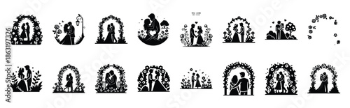 Collection of romantic garden couple silhouette valentine vector icon set. Clean romantic icons symbols isolated on a white background for Valentine’s Day.