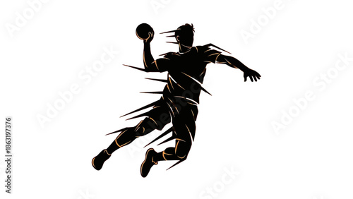 Dynamic male handball player silhouette jumping and throwing a ball with energetic abstract lines, isolated white background.