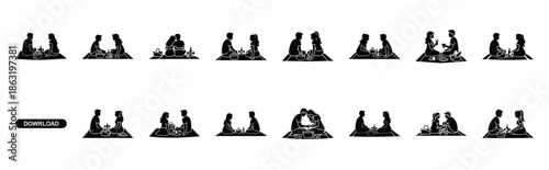 Collection of romantic picnic couple silhouette valentine vector icon set. Clean romantic icons symbols isolated on a white background for Valentine’s Day.
