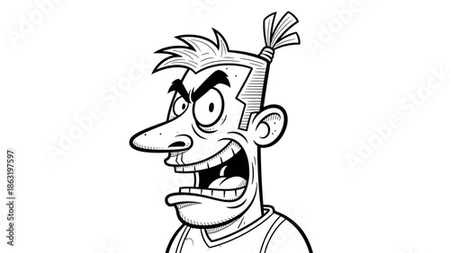 Black and White Cartoon Face of Angry Crazy Man, Expressive Frustrated Character on Isolated White Background
