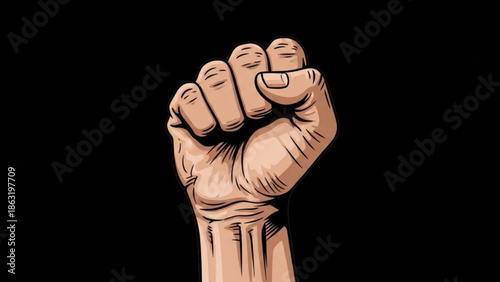 Clenched Fist Illustration on Black Background, Symbolizing Strength and Solidarity