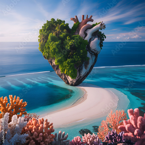 A vibrant heart shaped island floats peacefully amidst turquoise ocean waters