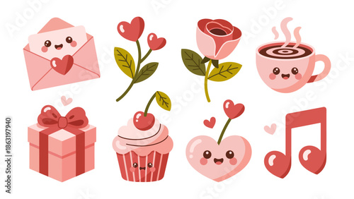 Valentine's Day Elements: A charming array of elements evokes feelings of love and affection. Includes an envelope with a heart, blooming roses, a steaming cup, and heart-shaped cherries, gift box.