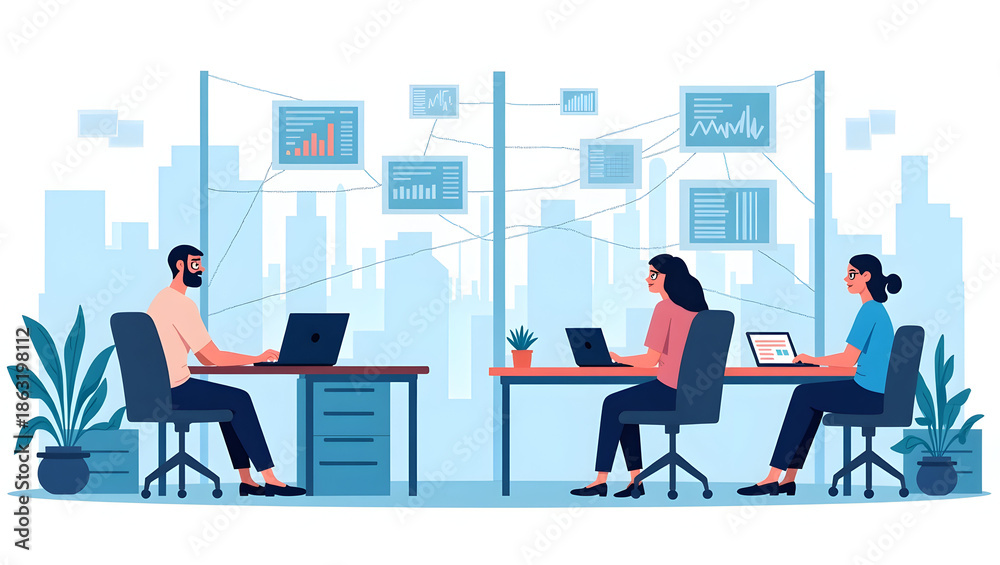 Fototapeta premium Flat State-of-the-Art 5G Testing Lab Mockup: Comprehensive Performance Evaluation, Advanced Measurement Tools, and Rigorous Protocols for Optimal Network Quality in Telecom.