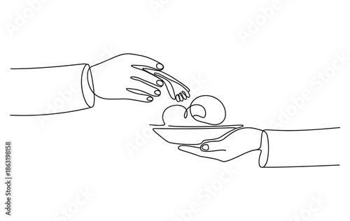 single line drawing design showing hands giving and receiving free food in ramadan, representing charity, community support, and religious activity in minimalist vector style.