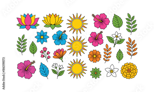 Set Bundle Holi Flowers Lotus and Sun Colorful Traditional Ornament