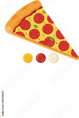 Delicious pepperoni pizza slice vector illustration with fresh basil leaves and three colorful dipping sauces including ketchup mustard and mayonnaise on white background.