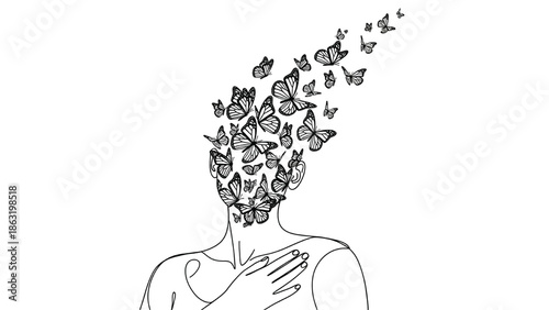 Foto Surreal line art illustration of a human figure with a head dissolving into a swarm of flying butterflies, symbolizing mental freedom and transformation