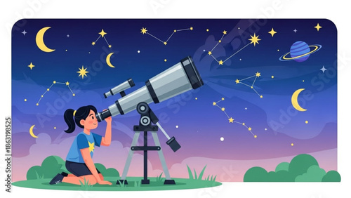 Young Girl Stargazing with Telescope under Starry Night Sky