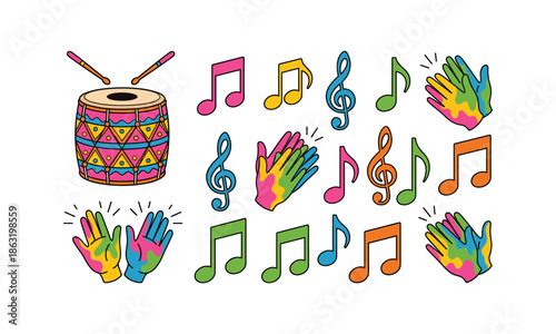 Set Bundle Holi Musical Notes and Painted Hands Traditional Festival