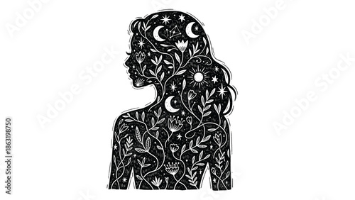 Black and white silhouette of a woman’s profile filled with mystical celestial elements, blooming flowers, and botanical vines.