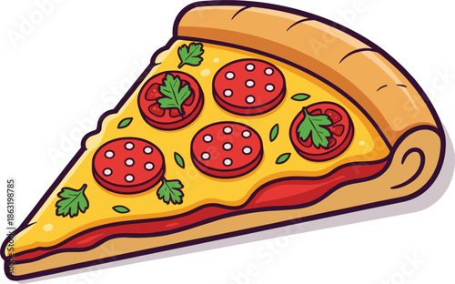 Italian pizza slice vector illustration with melting cheese fresh tomatoes and basil leaves featuring a blank white ribbon banner for text or logo.