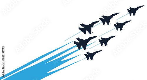 An illustration of a squadron of military fighter jets flying in formation leaving long blue streaks behind them during an airshow display.