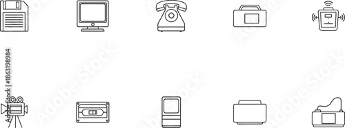 A collection of various electronic devices and gadgets in blue line art style