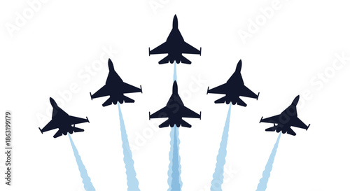 A squadron of six military fighter jets performing a diamond formation aerobatic maneuver leaving blue smoke trails during an airshow.