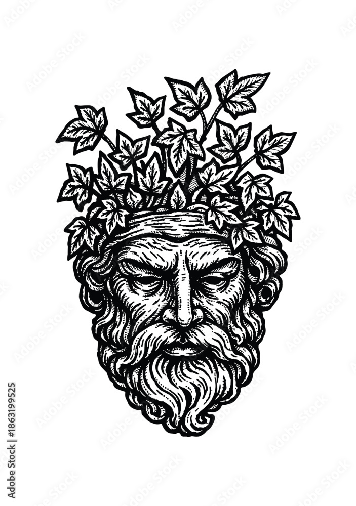 Fototapeta premium Green Man or Nature God Head Engraving illustration