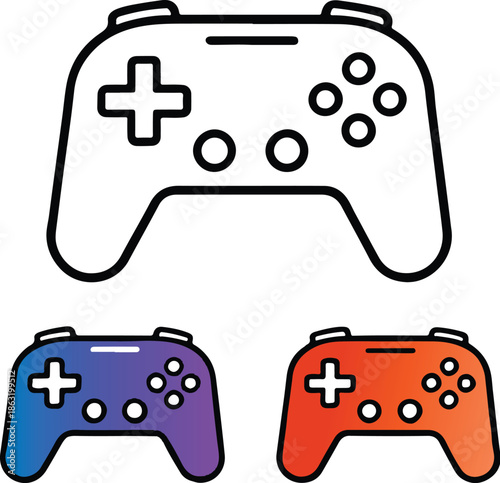 Set of Modern Video Game Controller Icons in Line Art and Gradient Styles