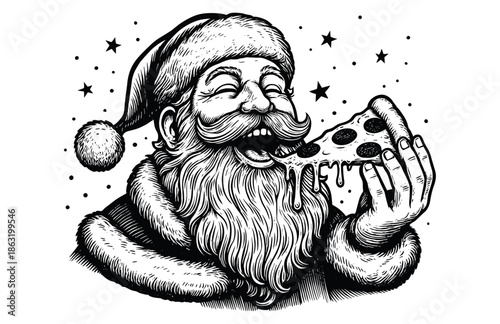 Humorous Santa Claus Eating Cheesy Pizza Slice Engraving