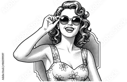Vintage 1920s Female model with sunglass engraving illustration