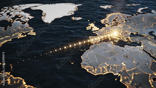 Golden light dots moving across an illuminated world map, showcasing global connection and travel