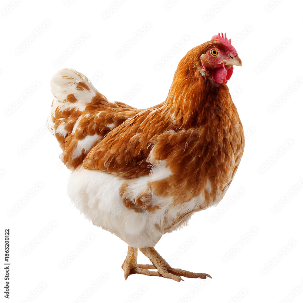 Fototapeta premium Brown and white chicken standing on transparent background