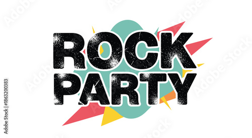 A retro-style rock party poster design with bold distressed typography and colorful abstract geometric shapes.