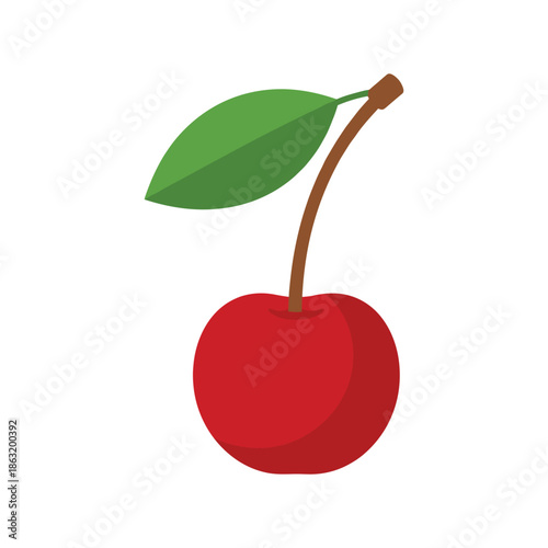 Single red cherry with leaf isolated on white background, Vector, illustration