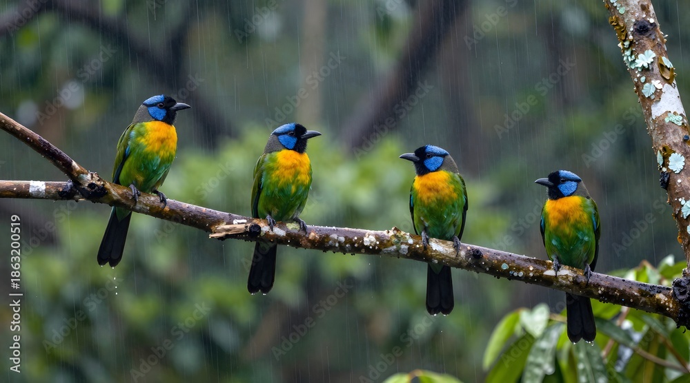 Fototapeta premium Four blue-crowned barbet birds perch on a branch in the rain in a tropical forest