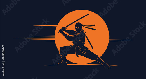 A striking silhouette of a Japanese ninja warrior with two swords posing in front of a large orange moon.